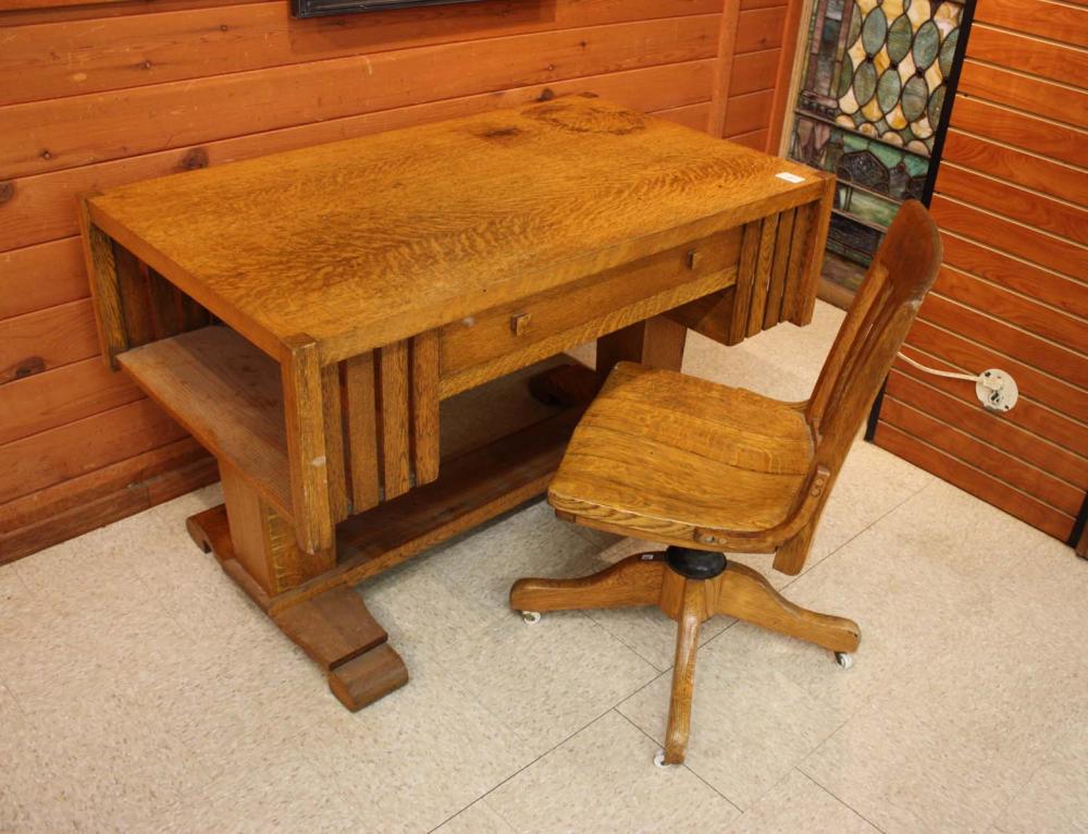 Appraisal: ANTIQUE OAK LIBRARY TABLE WITH CHAIR Mission style c the