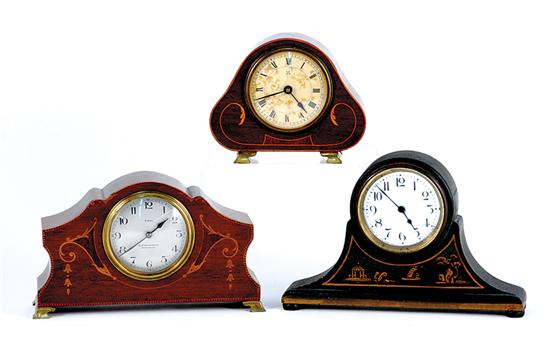 Appraisal: Inlaid and painted mahogany mantel clocks inlaid mahogany clock with