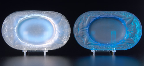 Appraisal: R LALIQUE Two ashtrays Medici opalescent and electric blue c