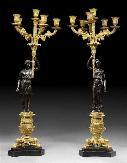 Appraisal: PAIR OF CANDELABRAS AUX PATTES DE LIONS Restauration Paris circa