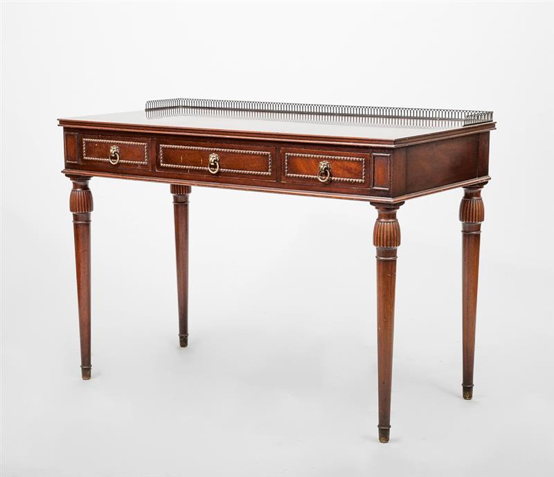 Appraisal: Louis XVI Style Mahogany Writing Table With brass half-gallery x