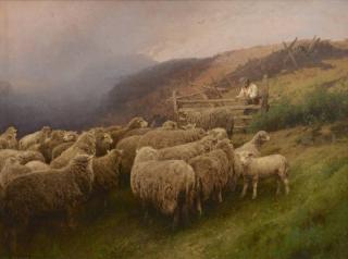 Appraisal: Hermann Herzog oil landscape with sheep Hermann Ottomar Herzog Germany