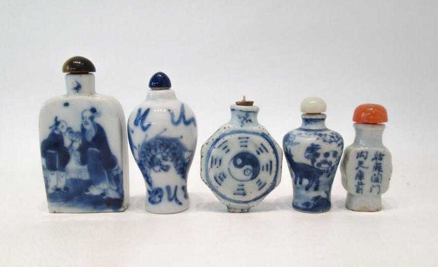 Appraisal: FIVE BLUE AND WHITE PORCELAIN SNUFF BOTTLES various forms hand