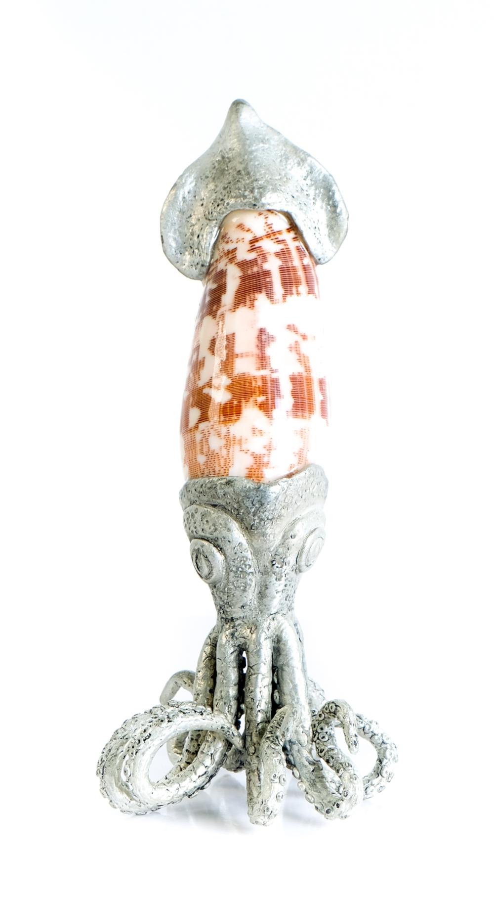 Appraisal: NATURAL SHELL PEWTER FIGURAL SCULPTURE OF SQUIDNatural shell and pewter