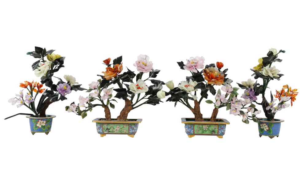 Appraisal: TWO PAIRS OF CHINESE MINERAL TREESeach in a footed cloisonne