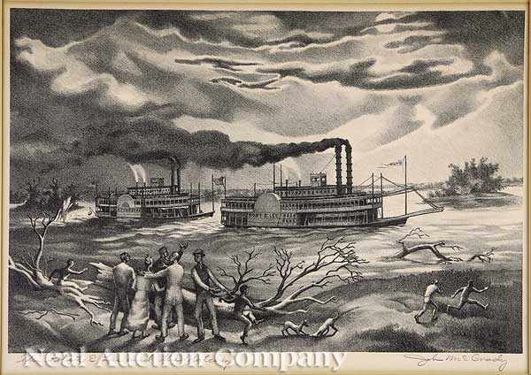 Appraisal: John McCrady American Mississippi - Steamboat Round the Bend lithograph