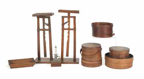 Appraisal: Pair of ratchet candlestands together with a group of woodenware