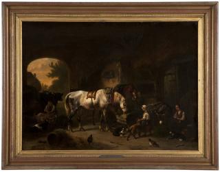 Appraisal: Wouterus Verschuur the Elder Dutch barn interior with figures and