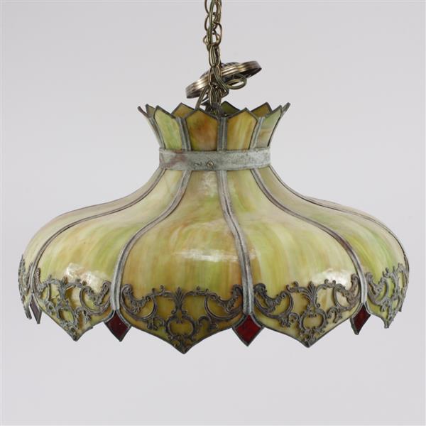 Appraisal: Slag glass hanging light with leaded glass diamond border and