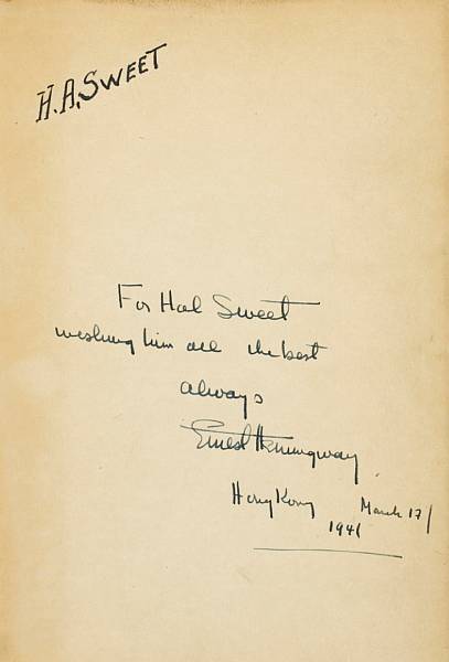 Appraisal: HEMINGWAY ERNEST INSCRIBED BY HEMINGWAY AND MARTHA GELLHORN ON THEIR