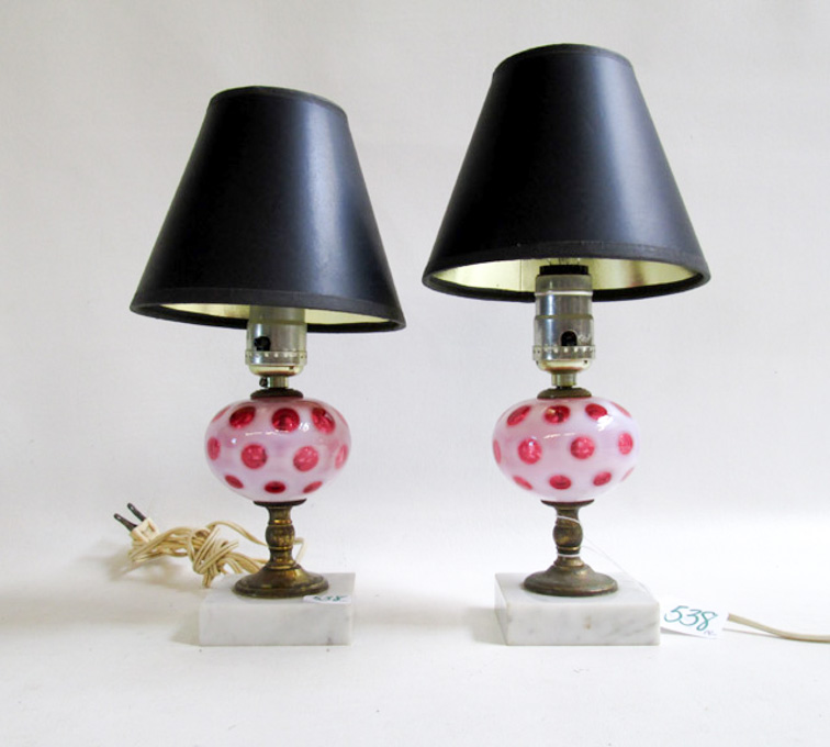 Appraisal: PAIR CRANBERRY AND WHITE COIN SPOT TABLE LAMPS with glass