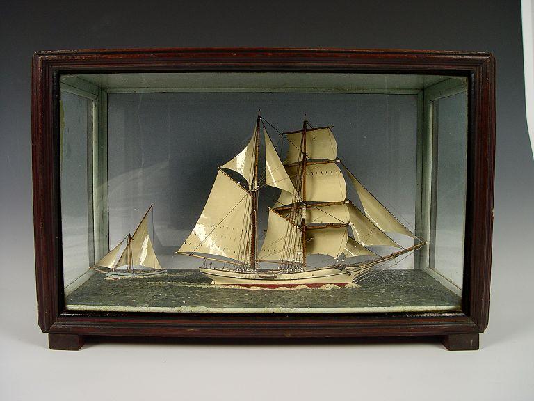 Appraisal: TH CENTURY CASED SHIPS DIORAMA Features schooner and smaller sailboat