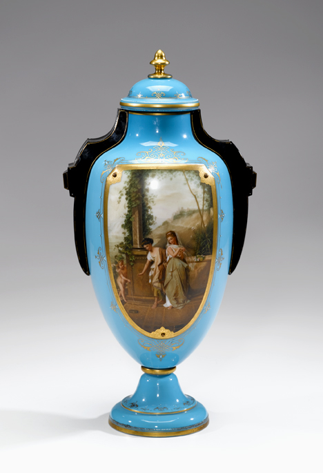 Appraisal: Bohemian blue opaline and enamel glass covered urn circa The