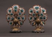 Appraisal: Pair of Beaded Peacock Lamps Unique pair of peacock lamps