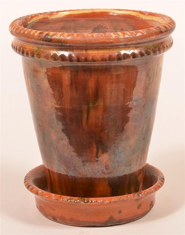 Appraisal: Shooner Redware Glazed Flower Pot Shooner Redware Pottery Shenandoah Type