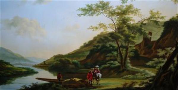 Appraisal: Guizan th century Figures by a river Oil on canvas