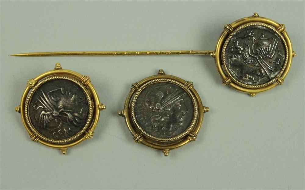 Appraisal: THREE BRONZE COIN EARRINGS AND STICK PIN each coin cast