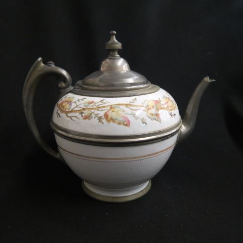 Appraisal: Pewter Enameled Graniteware Teapot flowering vine circa