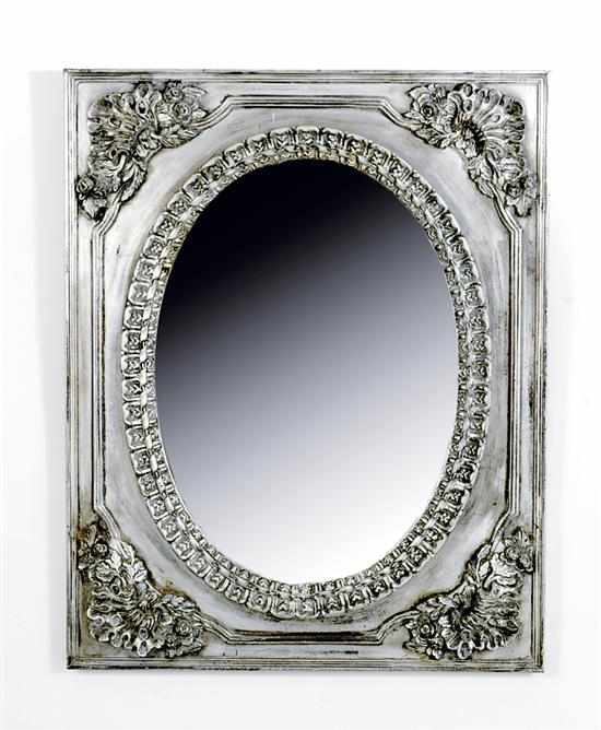 Appraisal: Silver giltwood mirror rectangular frame with carved foliate corners retaining