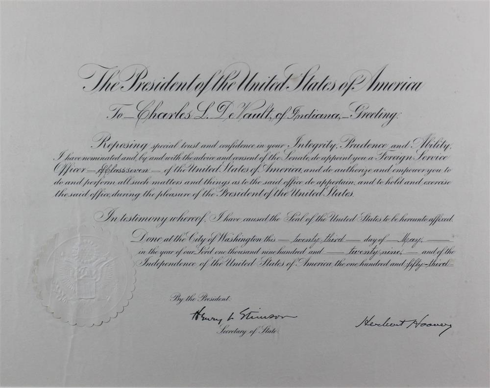 Appraisal: HOOVER DOCUMENT SIGNED partially printed document signed as President Herbert