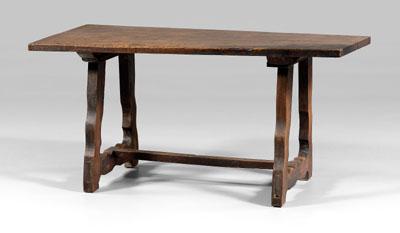 Appraisal: Spanish baroque trestle table walnut throughout thick single-board top on