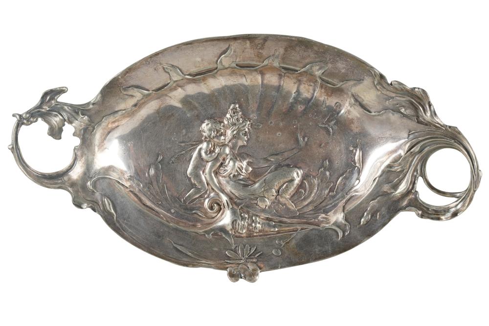 Appraisal: ART NOUVEAU SILVER-PLATE DISHunmarked relief-cast with a figure of a