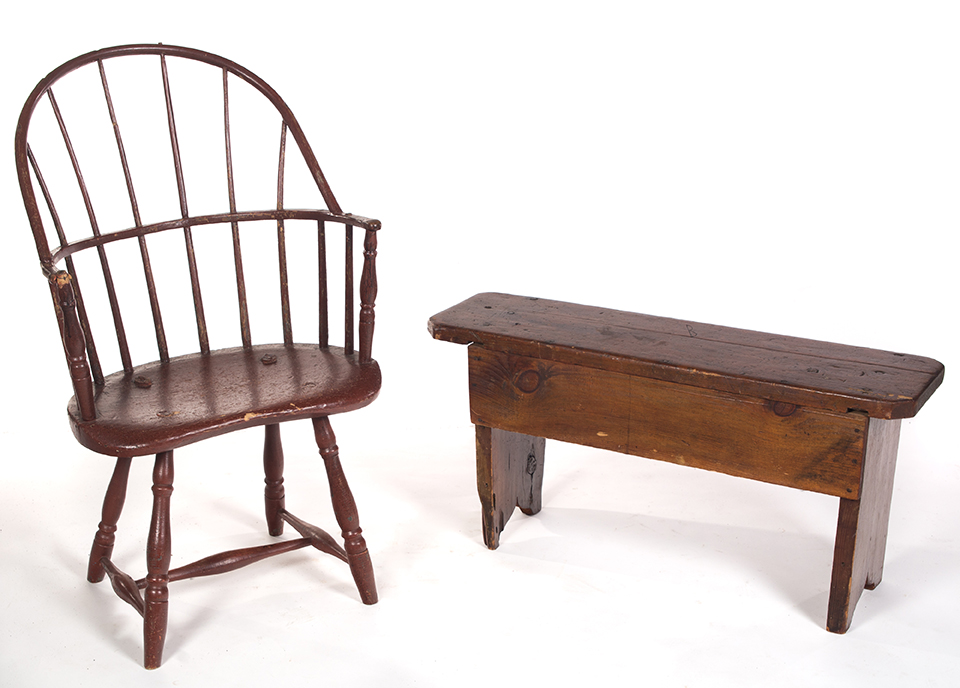 Appraisal: WINDSOR CHAIR AND A PRIMITIVE BENCH American th century Armchair