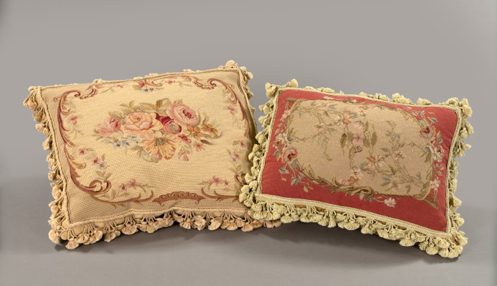 Appraisal: Two Needlepoint Pillows one a large oblong Aubusson tapestry-faced sofa