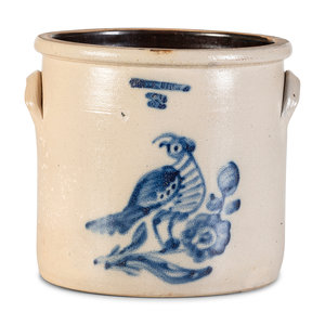 Appraisal: A Cobalt Decorated Stoneware -Gallon Quail and Flower Crock White's