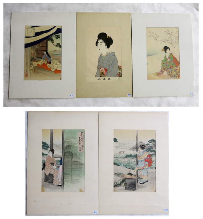 Appraisal: FIVE JAPANESE WOODCUTS Portraits of women one by Toshikata Mizuno