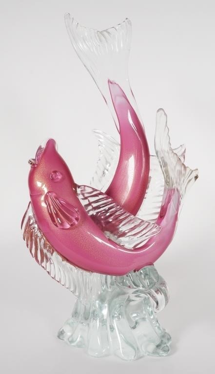 Appraisal: Hand blown Murano glass fish statue in pink clear and