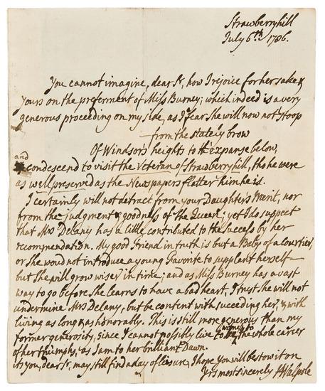 Appraisal: WALPOLE Horace - Autograph letter signed H Walpole to Dr