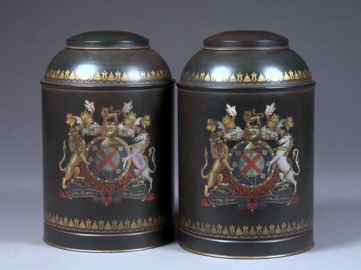 Appraisal: Large Pair of English Armorial Tole Tea Canisters in the