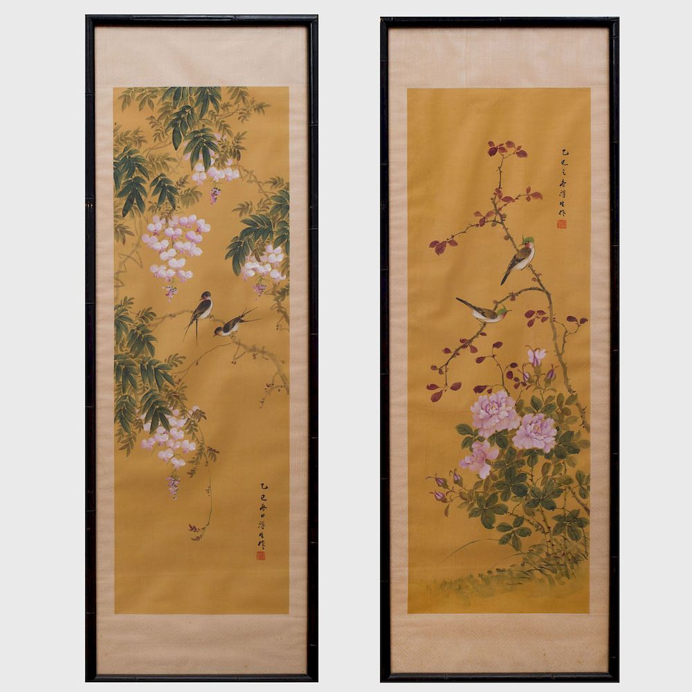 Appraisal: Chinese School Birds on Branches Two Scroll Paintings Two ink