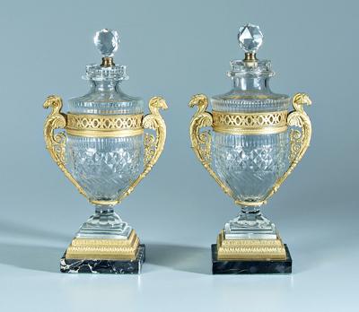 Appraisal: Pair crystal bronze dor urns finely cut glass diamond crosshatch