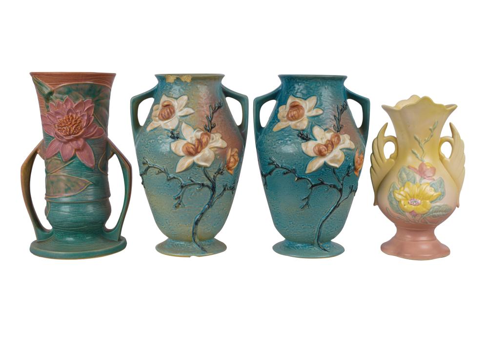 Appraisal: FOUR LARGE AMERICAN POTTERY VASEScomprising a matching pair of Roseville