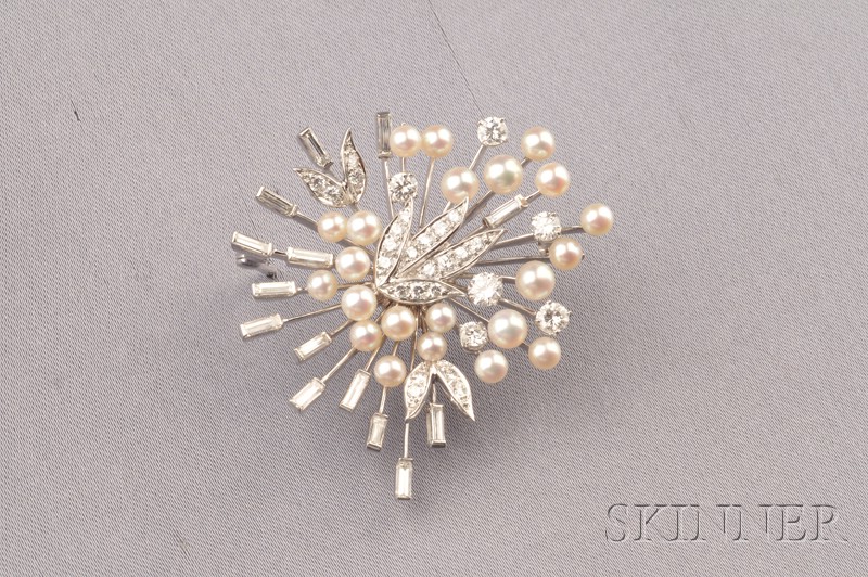 Appraisal: Platinum Diamond and Seed Pearl Brooch Tiffany Co designed as