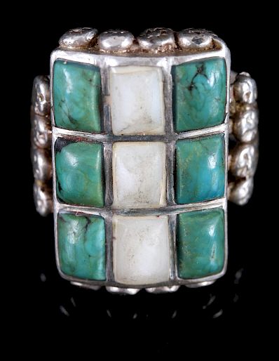 Appraisal: Navajo Old Pawn Sterling Multi-Stone Mosaic Ring This is an