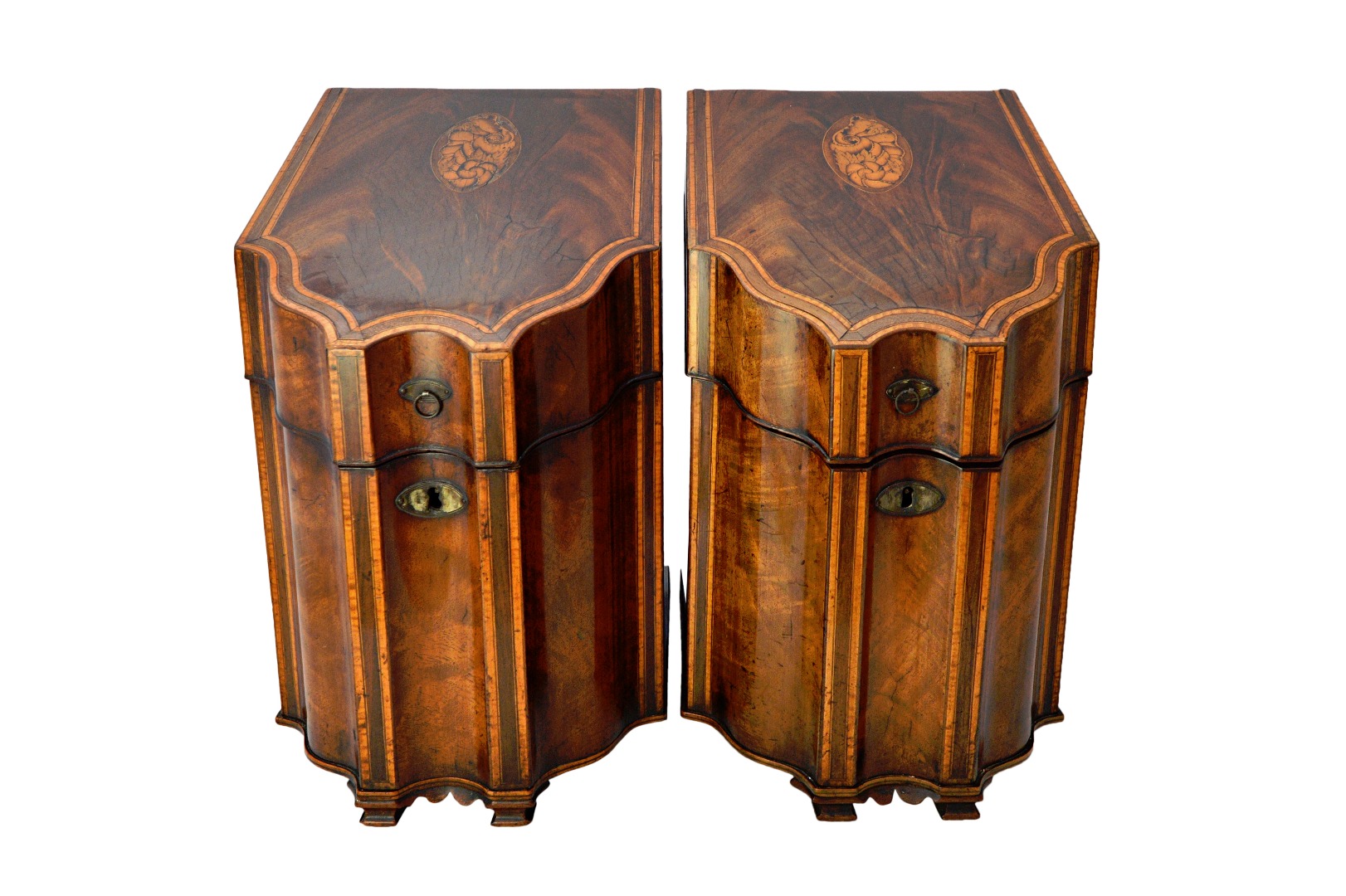 Appraisal: A pair of George III satinwood banded inlaid mahogany serpentine