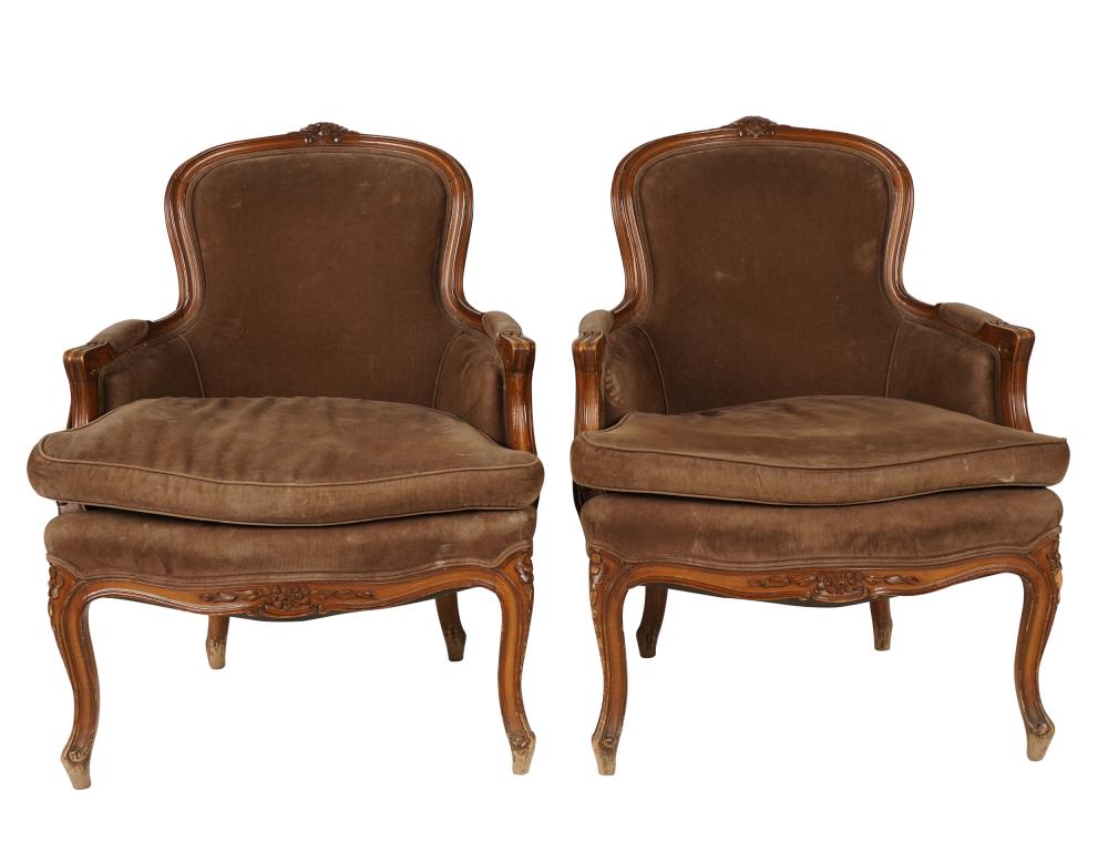 Appraisal: PAIR OF LOUIS XV-STYLE BERGERESeach covered with brown fabric inches