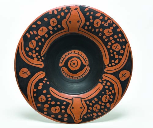 Appraisal: PABLO PICASSO Spanish Dish With Toros Partially glazed terre de