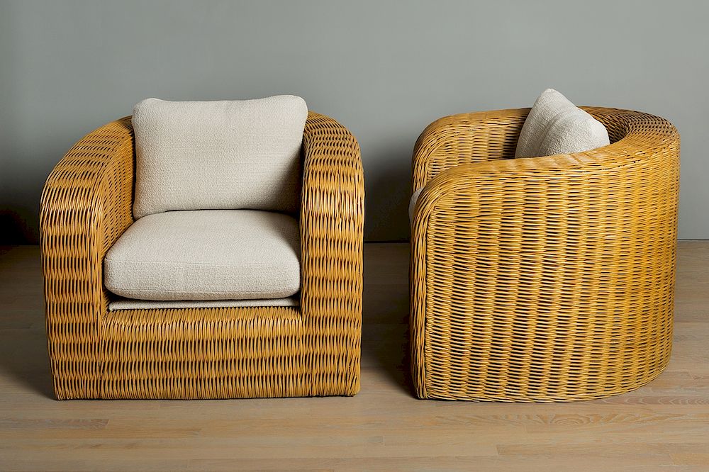 Appraisal: Karl Springer Pair of Wicker Pullman Chairs USA Exclusive on