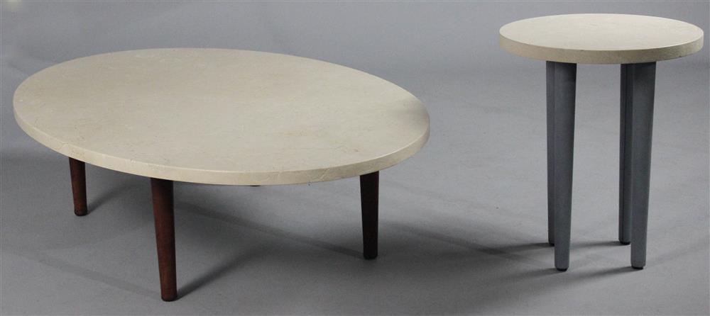 Appraisal: CUSTOM OVAL TRAVERTINE TOPPED COFFEE TABLE WITH BROWN LEATHER WRAPPED