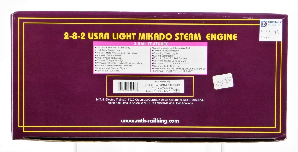 Appraisal: MTH RUTLAND USRA LIGHT MIKADO STEAM ENGINE TRAIN United States