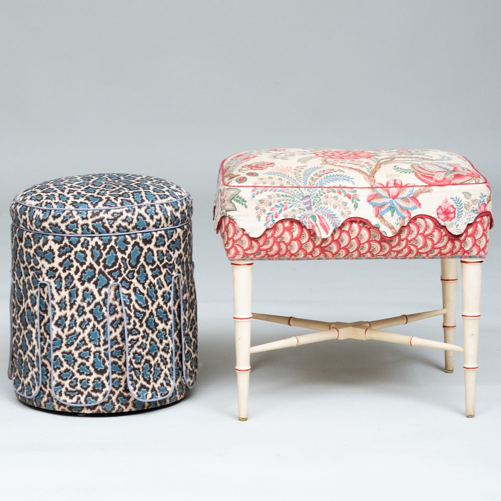 Appraisal: Painted Faux Bamboo Stool and an Upholstered Stool The largest