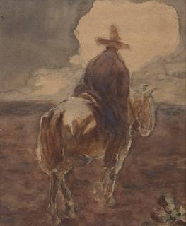 Appraisal: Lone Wolf Cowboy on horseback approaching a storm cloud signed