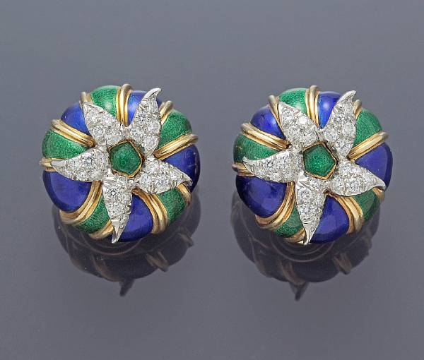 Appraisal: A pair of diamond and enamel clip-earrings Schlumberger Tiffany amp