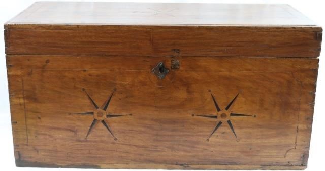 Appraisal: TH CENTURY INLAID CAMPHOR WOOD CHEST INLAIDSTARBURST DESIGN IRON HANDLES