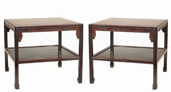 Appraisal: A pair of Chinese hardwood squared two shelf tables Early