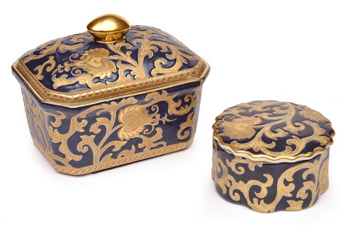 Appraisal: CHINESE GOLD EMBOSSED BLUE GROUND RECTANGULAR COVERED BOWL AND CIRCULAR